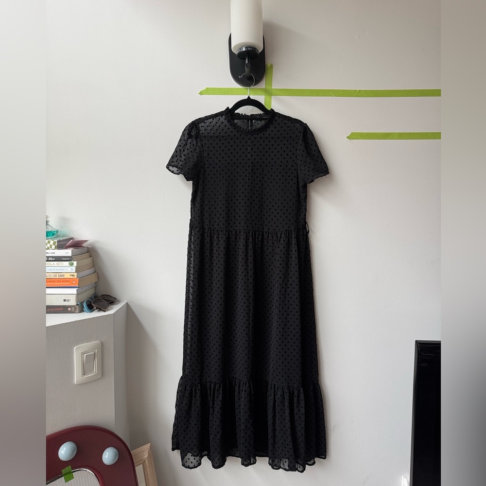 Zara Black Polka Dot Semi-Sheer Ruffled Midi Dresss